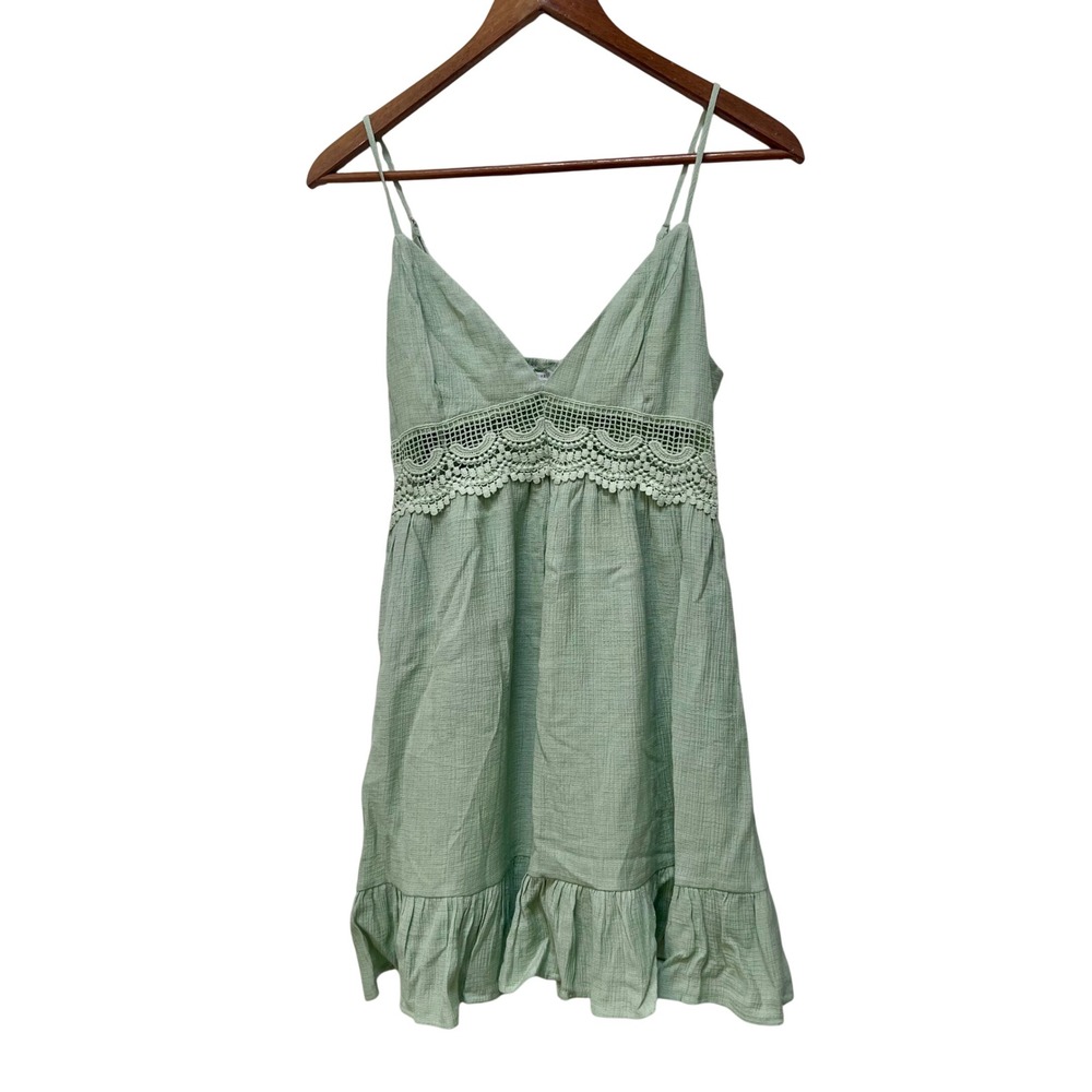 Love Tree Sage Green Crochet Lace Waist Ruffle Hem Mini Dress S Festival Boho